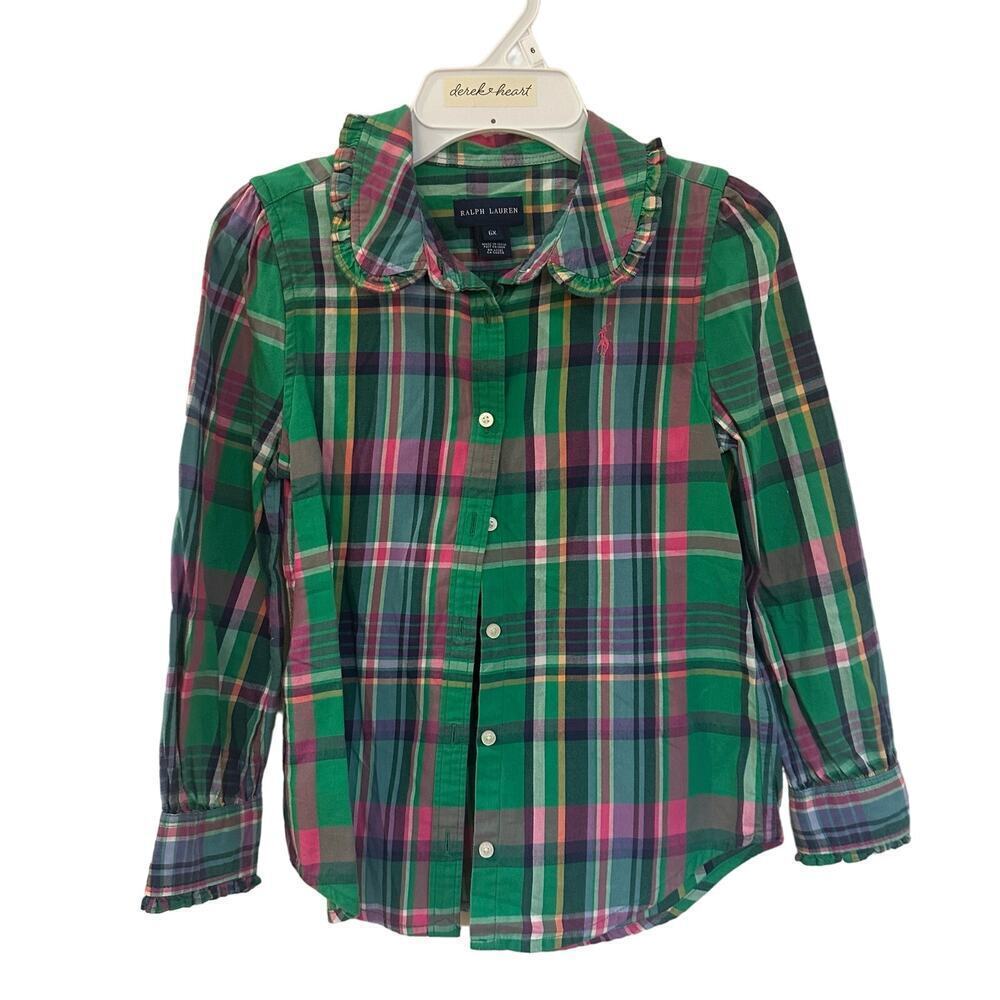 Girls Ralph Lauren Plaid Shirt sz 6X Ruffle collar Button Down Shirt Pink Green